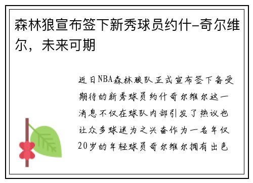 森林狼宣布签下新秀球员约什-奇尔维尔，未来可期